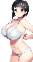 1girls absurdres arm_behind_back bare_shoulders black_hair blue_eyes bob_cut bra breasts cleavage closed_mouth commentary_request cropped_legs female green_eyes hair_ornament hairclip highres huge_breasts kirigaya_suguha looking_at_viewer navel panties removing_bra shimazu_tekkou short_hair simple_background solo sword_art_online underwear underwear_only white_background white_bra white_panties