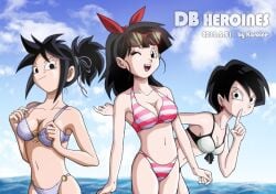 10s 3girls ;d beach bikini black_eyes black_hair blue_bikini blue_sky breasts cloud day dragon_ball dragon_ball_heroes earrings eyewear_on_head forte_(dragon_ball) highres index_finger_raised jewelry karoine looking_at_viewer medium_breasts multiple_girls navel note_(dragon_ball) o-ring o-ring_bikini one_eye_closed open_mouth outdoors ponytail saiyan saiyan_girl sky small_breasts smile striped_bikini striped_clothes sunglasses swimsuit viola_(dragon_ball) water wink