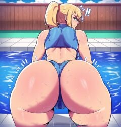 ai_generated big_ass big_butt blue_bikini blue_eyes bubble_butt d-art_style impressed looking_back looking_back_at_viewer metroid ponytail pool samus_aran sky sky_background sweat sweaty_butt yellow_hair zoemi01