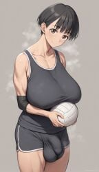 1futa ai_generated balls black_hair brown_eyes bulge bulge_through_clothing elbow_pads futa_only futanari holding_volleyball huge_breasts penis sagging_breasts short_hair solo steam supergetthi sweat volleyball volleyball_uniform