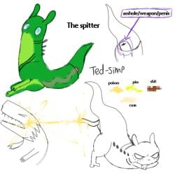 1:1 angry bodily_fluids english_text feces feral genital_fluids gills green_body hi_res lizard_(rain_world) male rain_world shooting_poison slugcat ted-simp text the_spitter_(ted-simp) urine videocult