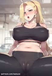 ai_generated big_ass big_breasts big_butt big_thighs black_eyes blonde_hair blush gym gym_uniform huge_ass huge_breasts huge_butt huge_thighs ino_yamanaka naruto naruto_(series) sports_bra sportswear spread_legs wanuze wide_hips