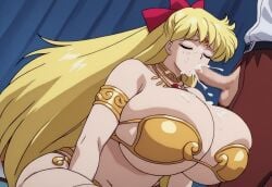 adult_female adult_male ai_generated alternate_breast_size bishoujo_senshi_sailor_moon blonde_female blonde_hair blowjob bow breast_expansion censored closed_eyes clothing cum cum_in_mouth cum_on_breasts earrings fellatio gigantic_breasts harem_girl harem_outfit huge_breasts large_breasts minako_aino oral_sex red_ribbon sailor_venus underboob