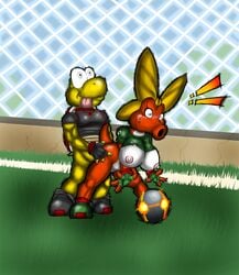 !! 1boy 1girls ball birdo blue_eyes blush bow breasts breasts_out clothed_sex female fingerless_gloves football gloves koopa koopa_troopa lordstevie male mario_(series) mario_strikers muscles nintendo nipples red_skin shirt shirt_lift soccer soccer_uniform straight surprised tail thighs tongue tongue_out unprofessional_behaviour vaginal_penetration yellow_skin