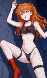 ai_generated asuka_langley_sohryu blue_eyes boots bottomless choker crop_top fishnets goth goth_girl lipstick midriff navel neon_genesis_evangelion open_clothes pale_skin petite red_hair skinny tank_top thong underwear