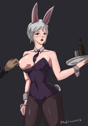 animal_ears battle_bunny_riven blush breasts brown_eyes bunny_ears bunnysuit collar league_of_legends madracoons nipple_tweak nipples pantyhose riven short_hair the_grind_series tie white_hair wrist_cuffs