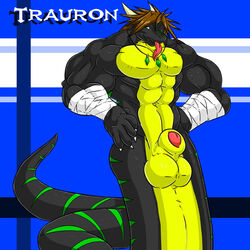 1boy balls big_balls claws danandnite green_eyes grin horns looking_at_viewer male male_only muscles nude penis presenting reptile scalie snake solo standing tail tongue