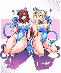 big_breasts cat_ears cat_tail cosplay erza_scarlet fairy_tail hfxpins lucy_heartfilia red_hair yellow_hair