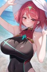 1girls1girl arm_up armpits bare_arms black_one-piece_swimsuit blush breasts closed_mouth collarbone commentary_request core_crystal_(xenoblade) covered_navel earrings hat highres jewelry jihua_tong large_breasts looking_at_viewer ocean one-piece_swimsuit outdoors pyra pyra_(xenoblade) red_eyes red_hair short_hair solo sun_hat swimsuit upper_body water wet white_hat xenoblade_chronicles_(series) xenoblade_chronicles_2