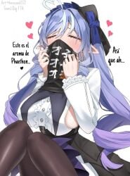 1girls blush breasts dress elf elf_female female female_pervert horny horny_female pantyhose pervert purple_hair shirt sideboob smelling smelling_clothes sniffing sniffing_clothes solo spanish_dialogue spanish_text translation_request vivian_(zenless_zone_zero) zenless_zone_zero