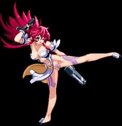 breasts female female_only green_eyes gun kick long_hair luna_himeki m.u.g.e.n one_eye_closed open_mouth pixel_art red_hair spread_legs sprite tattoo vanguard_princess