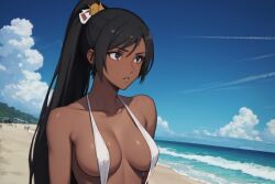 ai_generated beach bikini_top breasts broken_blade brown_hair dark-skinned_female dark_skin female female_only medium_breasts narvi_stryze ponytail