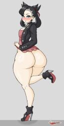 ass big_ass black_hair blush bottom_heavy high_heel_boots high_heels looking_back marnie_(pokemon) mrn00b0d1 no_panties pokemon pokemon_ss