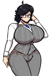 1boy big_breasts black_hair blue_eyes blue_tie breasts busty busty_boy clothing fanart femboy glasses gray_suit huge_breasts iggy-bomb light-skinned_male light_skin looking_at_viewer male male_only male_with_breasts necktie smile solo space_left spacey_(space_left) suit white_background