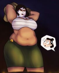 2girls avatar_legends avatar_the_last_airbender bbw belly big_belly big_breasts black_hair blush breasts chest_wraps chubby clothing earth_kingdom facepaint female fire_nation kyoshi large_breasts muscular muscular_female overweight rangi_(avatar) skirt strongfat the_avatar thick_thighs wide_hips wommp