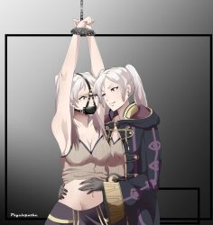 2girls arms_up bondage caress cleavage dual_persona female female_only femdom femsub fire_emblem fire_emblem_awakening gag gagged grey_hair grima_(fire_emblem) groping medium_breasts molestation nintendo psyclopathe red_eyes robin_(fire_emblem) robin_(fire_emblem)_(female) twintails yuri