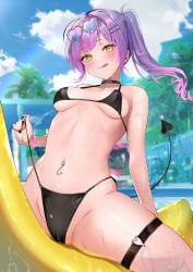 1girls banana belly_button belly_piercing bikini bikini_bottom bikini_pull bikini_top black_bikini blush bracelet breasts choker clothed cloud clouds covered_breasts demon demon_girl demon_tail ear_piercing earrings eyebrows_visible_through_hair eyelashes female female_only floatie glasses glasses_on_head green_eyes hair_accessory heart_glasses holoforce hololive hololive_japan imo_norio light-skinned_female light_skin looking_at_viewer navel navel_piercing neckwear outdoors palm_tree pointy_ears ponytail pool purple_hair sky small_breasts solo solo_female spade_tail suggestive suggestive_gesture suggestive_pose tagme tail_piercing tokoyami_towa tongue tongue_out virtual_youtuber water wet wet_body wet_skin