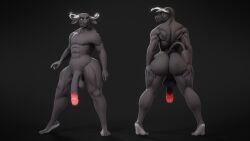 3d_(artwork) abs anthro ass balls barefoot big_balls big_butt black_background black_body bovid bovine cattle christopher_(rumakis) digital_media_(artwork) feet femboy genitals green_eyes hand_on_butt hi_res horn long_penis male mammal multiple_angles nipples penis rumakis simple_background solo thick_thighs wide_hips