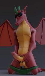 3d_(artwork) absurd_res american_dragon:_jake_long anthro balls blender_(software) bottomwear circumcised claws clothed clothing digital_media_(artwork) disney dragon erection genitals hi_res jake_long kneeling looking_at_viewer male male_only no-name-no-problem penis red_body reptile scalie simple_background skimpy smile solo western_dragon wings