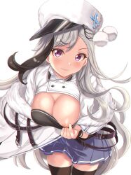 1girls areola azur_lane black_hair blush breasts clothed clothing female female_only gatchapowa hat huge_breasts inviting light-skinned_female light_skin looking_at_viewer minsk_(azur_lane) nipple northern_parliament_(azur_lane) pink_eyes seductive simple_background skirt solo two_tone_hair white_background white_hair