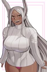 1girls almost_naked bunny_ears bunny_girl dark-skinned_female dark_skin female female_only gud0c long_hair looking_at_viewer miruko my_hero_academia no_pants open_mouth panties pink_panties rabbit_ears red_eyes rumi_usagiyama semi_nude shirt_only smiling smiling_at_viewer solo sweater thighs_together white_hair white_sweater