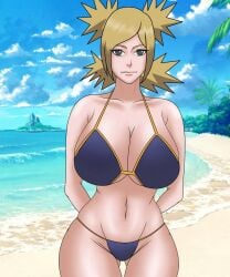 1girls almost_naked arms_behind_back ass ass_visible_through_thighs bare_shoulders beach big_breasts bikini blonde_hair blue_g-string boruto:_naruto_next_generations breasts dark_blue_g-string female female_only g-string g-string_only half_naked huge_breasts kunoichi large_breasts looking_at_viewer mature mature_female mature_woman micro_bikini midriff naruto naruto_(series) navel ninja ocean outdoors revealing_swimsuit royal_blue_g-string sandy_blonde_hair seaside shounen_jump skimpy skimpy_bikini smile solo solo_focus string_bikini sutokatsu swimsuit teal_eyes temari thong thong_bikini top_heavy voluptuous water yellow_hair