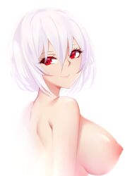 areolae azur_lane breasts female hair_between_eyes large_breasts looking_at_viewer looking_back nipples nude red_eyes short_hair simple_background sirius_(azur_lane) smile solo toki_to_shishin upper_body white_background white_hair