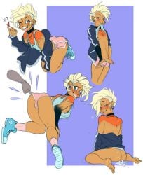 1boy blonde_hair blue_eyes body_tattoo choker cum_in_ass ear_piercing femboy heart-shaped_pupils heavy_breathing jacket lip_piercing mitarashi original original_character penis shirt shoes shorts side_shave socks