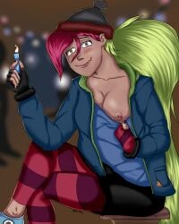 candle cartoon_network condom demencia_(villainous) female fingerless_gloves gloves hat heterochromia inikyei nipple_piercing nipples one_breast_out striped_legwear villainous wavy_hair