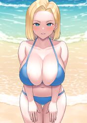 1girls android_18 beach bikini blonde_hair blue_bikini blue_eyes blush breasts cleavage cowboy_shot dragon_ball dragon_ball_z earrings hi_rontea huge_breasts jewelry looking_at_viewer medium_hair navel parted_lips shadow skindentation smile solo swimsuit water