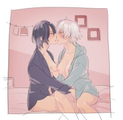 2girls blush bottomless breast_grab breasts_out canon_genderswap dark_hair female female_only french_kiss genderswap_(mtf) ginko_sakata gintama gintoki_sakata groping groping_breasts hoodie kissing kzfm0 looking_at_another multiple_girls no_bra on_bed open_shirt purple_hair rule_63 saliva_trail short_hair sitting small_breasts takasugi_shinsuke white_hair yuri