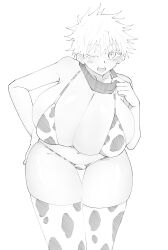 1girls bikini breasts cow_bikini cow_ears cow_girl cow_print female female_only gender_transformation genderswap_(mtf) huge_breasts jujutsu_kaisen large_breasts monochrome one_eye_closed rule_63 satoru_gojo small_bra solo solo_female very_short_hair wink