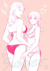 2girls abuto alternate_costume big_ass bikini braid braided_hair cleavage female female_only genderswap_(mtf) gintama haruna_(artist) kamui_(gintama) long_hair looking_at_viewer looking_back medium_breasts monochrome pink_background pink_theme rule_63 side-tie_bikini sideboob single_braid sketch swimsuit tongue_out