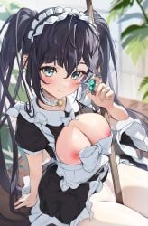 big_breasts black_hair breasts breasts_out clothed clothed_female genshin_impact green_eyes houk1se1 houkiboshi_(mmjw7432) large_breasts maid maid_headdress maid_outfit maid_uniform mona_(genshin_impact) neckwear ribbon ribbons skirt skirt_lift skirt_up stockings thick_thighs thighs white_stockings