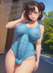 ai_generated autopaizuri big_breasts double_bun erection_under_clothes futa_only futanari looking_at_viewer naughty_faun paizuri penis_bulge penis_outline see-through smile solo_futa stable_diffusion swimsuit teeth