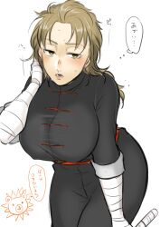 abuto bandages big_breasts blonde_hair blush china_dress chinese_clothes female female_only fully_clothed genderswap_(mtf) gintama haruna_(artist) leaning_forward light_brown_hair looking_at_viewer nipple_bulge rule_63 solo sweat sweatdrop tight_clothing yellow_eyes