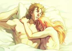 2boys abuto age_difference bishonen brown_hair closed_eyes facial_hair gay gintama in_bed kamui_(gintama) long_hair long_hair_male male male_only mature_male morning morning_after muscular muscular_male nude on_back on_bed on_side orange_hair painting_(artwork) sig_(pixiv) sleeping stubble topless topless_male wholesome yaoi