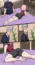 ass ass_focus barefoot bike_shorts casual comic comic_page controller feet feet_together female gaming hatake_kakashi lustysun lying naruto naruto_(series) naruto_shippuden sakura_haruno soles teacher_and_student video_game