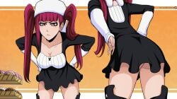 1girls absurdres artist_name ass ass_focus bleach boots booty border breasts dokugamine_riruka doughnut dress female fingernails food hands_on_hips hat highres large_breasts light_blush long_hair looking_at_food looking_to_the_side miniskirt mistowing multiple_views pink_eyes pink_hair shiny shiny_skin short_dress simple_background skirt solo standing thigh_boots thighs tsundere twintails white_border wide_hips