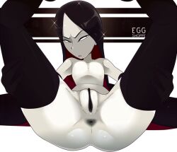 2019 ambiguous_gender angry anus ass black_anus black_gloves black_legwear black_pussy black_socks bort_(land_of_the_lustrous) eggshoppe female humanoid land_of_the_lustrous long_gloves long_hair long_socks looking_at_viewer no_nipples pussy shiny_hair showing_ass signature simple_background spread_legs two_tone_hair very_long_hair white_skin