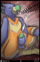 absurd_res anthro avian bird cheerleader_outfit clothed clothing comic crossdressing hi_res male masturbation orgasm page_38 page_number parrot roxythefoxy solo yelling