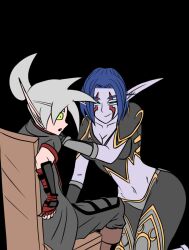 2022 2d armor blood_elf blue_hair elf elf_ears female femdom green_eyes male melwinne night_elf night_elf_death_knight pointy_ears tahk_(artist) tahk_silverheart warcraft