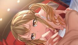 1boy all_fours bang_dream! blonde_hair breasts brown_eyes censored commission fellatio female hanging_breasts highres ichigaya_arisa large_breasts looking_at_viewer mosaic_censoring oral penis pixiv_request pov q_(ed69) straight swimsuit twintails