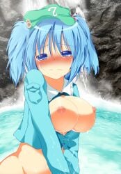 blue_eyes blue_hair blush bottomless breasts breasts_out female hair_bobbles hair_ornament hat kawashiro_nitori large_breasts nipples nitori_kawashiro no_bra solo tears touhou two_side_up water waterfall wet yuzutei