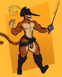 absurd_res anthro ayden_feuer balls belt big_penis boots boots_only clothing domestic_cat dreamworks felid feline felis flaccid footwear footwear_only fur fur_markings genitals hat headgear headwear hi_res looking_at_another male male_only mammal markings melee_weapon mostly_nude muscular muscular_male penis puss puss_in_boots_(dreamworks) rapier shrek_(series) smile solo solo_focus sword thick_thighs weapon_on_shoulder