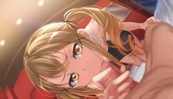 1boy all_fours bang_dream! blonde_hair breasts brown_eyes censored commission fellatio female highres ichigaya_arisa large_breasts looking_at_viewer mosaic_censoring oral penis pixiv_request pov q_(ed69) straight swimsuit twintails