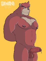 anthro balls bara barazoku beast black_nose boner chest_tuft erection furry gay gendomx hands_behind_back kumatetsu male male_only muscles muscular penis red_body red_fur solo solo_male the_boy_and_the_beast