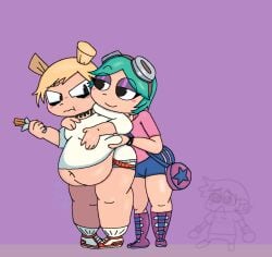 2girls bag clothing eyewear fat female footwear human multiple_girls obese obese_female pale_skin ramona_flowers roxanne_richter scott_pilgrim weight_gain