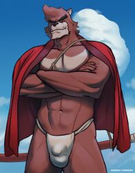 anthro arms_crossed balls bara barazoku beast black_nose bulge chest_tuft fundoshi furry gay japanese_clothes kumatetsu male male_only muscles muscular penis red_body red_fur sinibun_95 solo solo_male the_boy_and_the_beast weapon