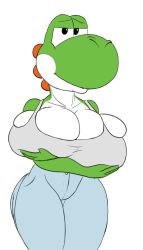 1girls anthro bedroom_eyes big_breasts black_eyes breasts busty cleavage clothed clothing dinosaur female female_only green_skin green_yoshi half-closed_eyes herroverdober holding_breast huge_breasts jeans looking_at_viewer mario_(series) nintendo pants solo tagme tank_top thighs white_background white_breasts yoshi